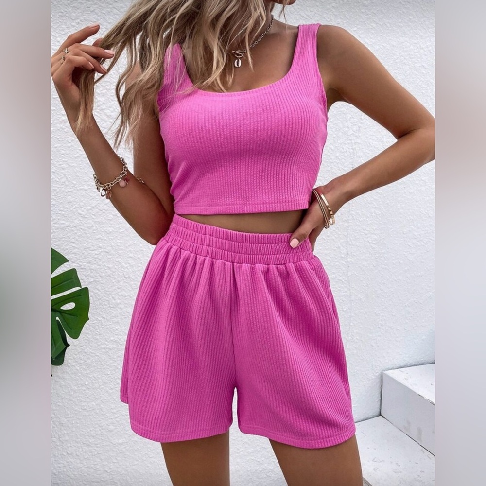 Pink Ribbed Tank Top and Shorts Set